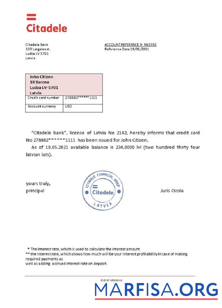 Printable Latvia Citadele bank reference template